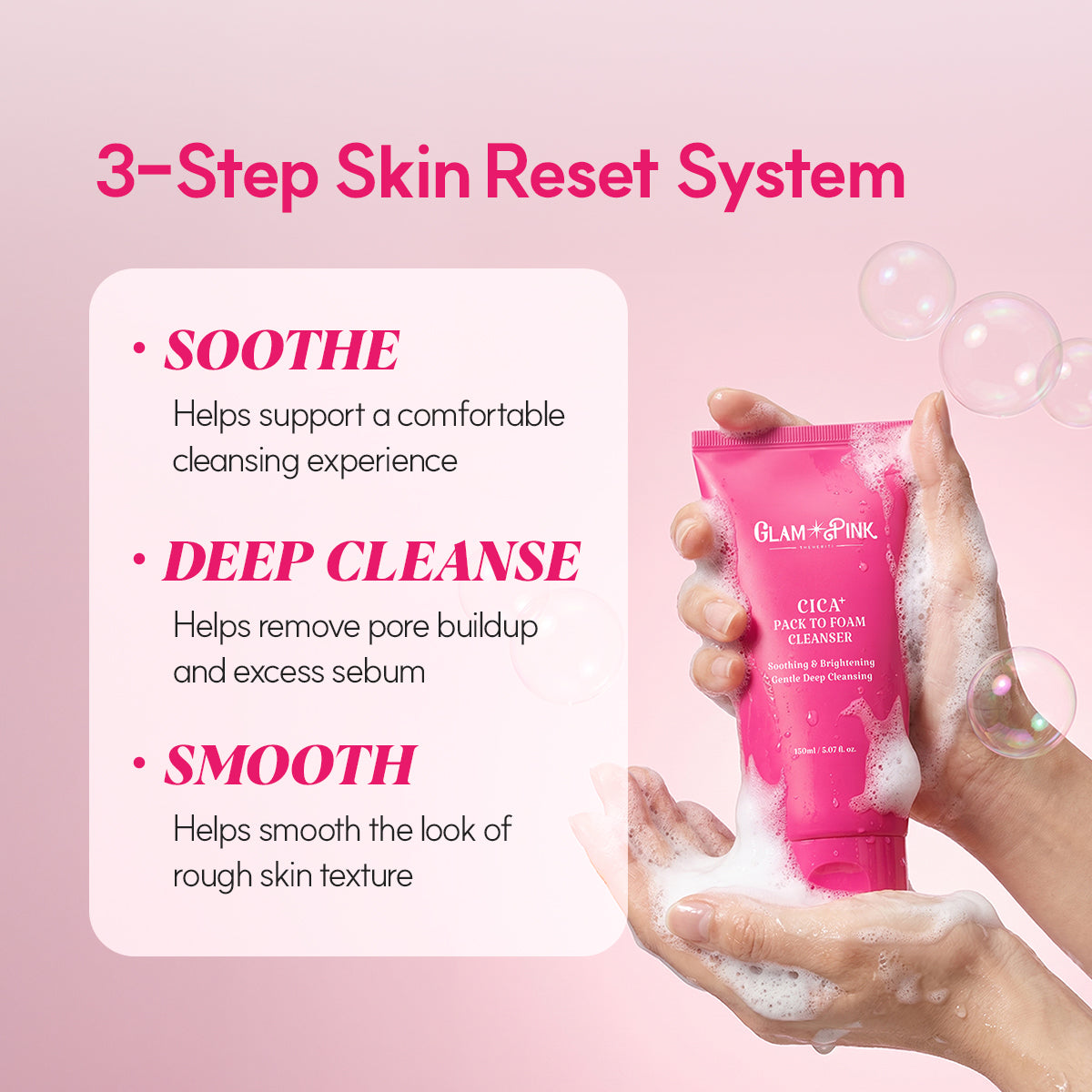 GLAM PINK CICA+ Pack to Foam Cleanser, 150ml